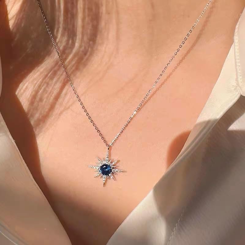 Shining CZ Starburst Charm Blue Planet Necklace for Women Dainty Stainless Steel Cubic Zirconia Celestial Star Pendant Adjustable Clavicle Chain Choker Fine Jewelry Gifts for Wife Mom - Image 2