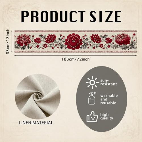 Image of Nuxovilar Red Peony Table Runner Flax 13x72 in | Holiday Runner Flax Placemats Dining Accessories Set Cultural Dinner Event Room Area (Red Peony Floral)