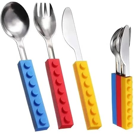 Toddler Utensil Set Consists of Interlocking Blocks of Spoon Fork and Knife. Fun & Safe Utensils for Home, School Lunch Box or Travel. Perfect for Birthday Party Set Too.