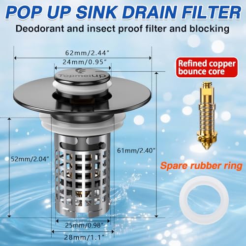 Image of Bathroom Sink Drain Strainer, Pop-up Sink Drain Strainer with Removable Stainless Steel Strainer Basket Hair Catcher, Bathroom Sink Strainer for Bathroom Sink Stopper Replacement