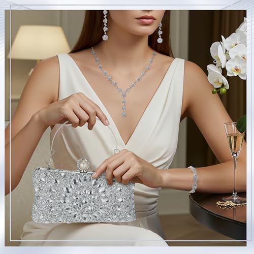 Image of Quelay 4 Pcs Purse Rhinestone Jewelry Set for Wedding Bridal Women Evening Clutch Bag Necklace Dangle Earrings Bracelets