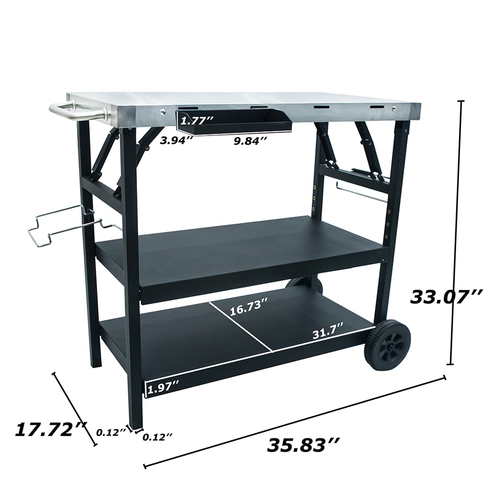Thunderbay Carrito plegable para parrilla de 3 niveles, carrito de utilidad movible para preparar alimentos, mesa de horno de pizza, organizador de almacenamiento de herramientas de acero inoxidable
