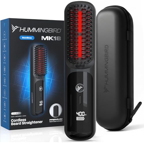 HUMMINGBIRD MK18 BeardBoss Cordless Beard Straightener for Men Heated Beard Brush & Hot Comb 3-in-1 Ceramic Heat Ionic Infrared Red Light Therapy Portable Hair Straightener 5 Temp Settings Case