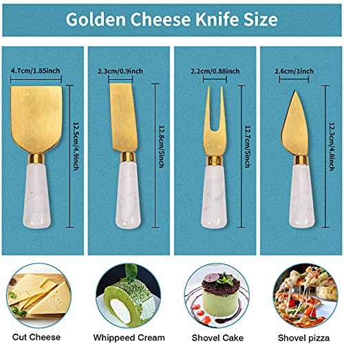 Funland 4Pcs Gold Cheese Knife Spreader Set, Cute Butter Knife Slicer With Marble Handle, Cheese Spredering, Fruit Fork And Spatula For Jams - Cheese Board Accessories For Holiday, Weddings, Parties #TOP4