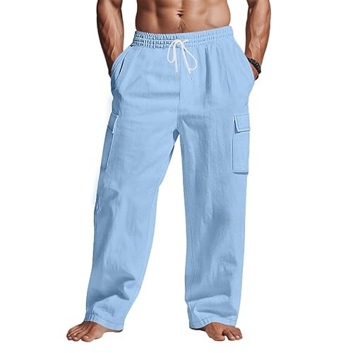 TRFIC Mens Casual Cargo Pants Summer Vacation Lightweight Drawstring Pants Elastic Waist Beach Yoga Trousers with Pockets Sky Blue