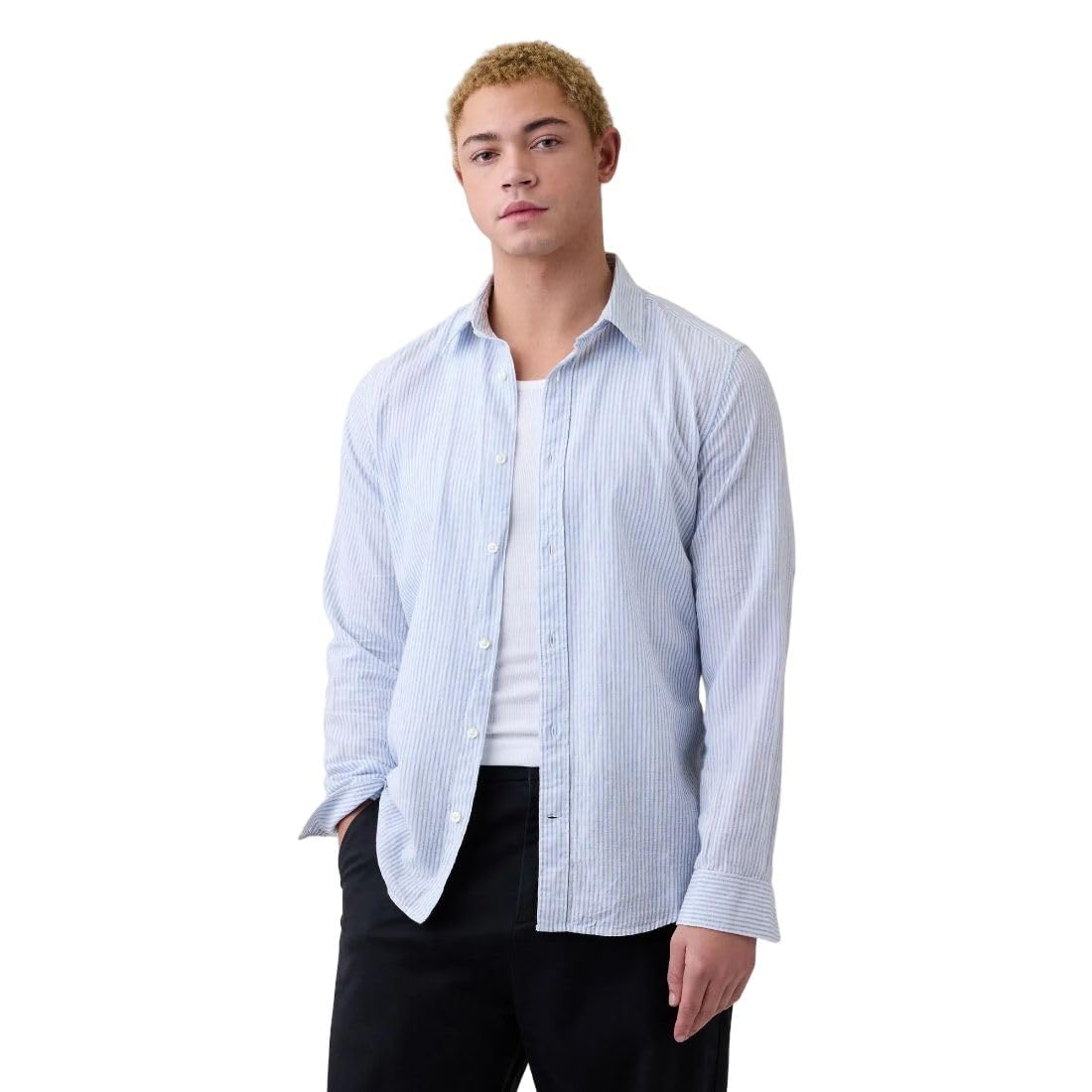 gap Men's Spread Collar Vertical Stripes Full Sleeves Light Blue Shirt, White, XL-picture-35
