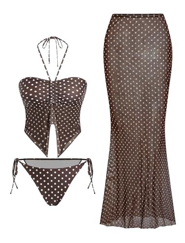 Image of ZAFUL Women 3 Piece Bikini with Cover Up Skirt Halter Bandeau Swimsuit Floral Tie Side Cheeky Bathing Suit