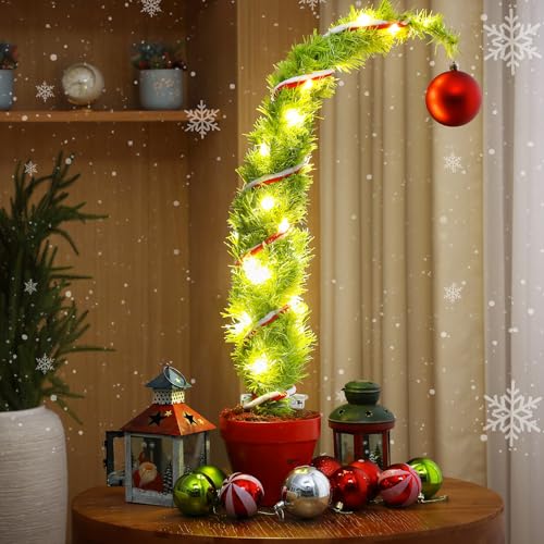 VioraWhite 2ft Whimsical Christmas Tree Large Lime Green Artificial Curved Prelit Xmas Tree with Red Ball and 30 LED Light String for Indoor Outdoor Porch Christmas Decorations