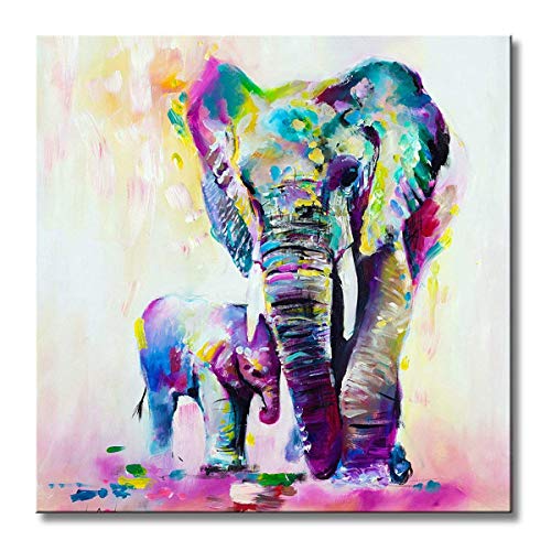 Orlco Art Pintura al óleo 100% pintada a mano, diseño de vaca estirado y enmarcado, listo para colgar, para salón, para decoración del hogar, vaca colorida, lona, Elephant Mother Child, 32x32inch