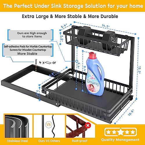 Under Sink Organizers And Storage, 2 Tier Stainless Steel Slide Out Under Sink Storage, Upgraded Pull Out Cabinet Organizer Shelf For Bathroom Kitchen Organization And Storage, Black #TOP4