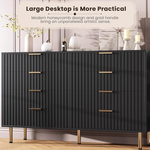 8 Drawer Dresser for Bedroom, Fluted 55" Wide Modern Chest of Drawers with Deep Drawers, Wooden Dresser Organizer for Living Room, Hallway, Kids Room, Black