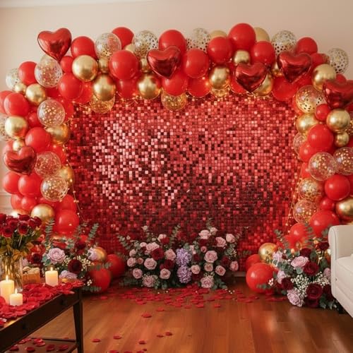 Image of Red Shimmer Wall Backdrop 48 Panels Cover 6 x 8 Ft, Photo Backdrops for Wedding,Anniversary,Birthday,Party Decoration