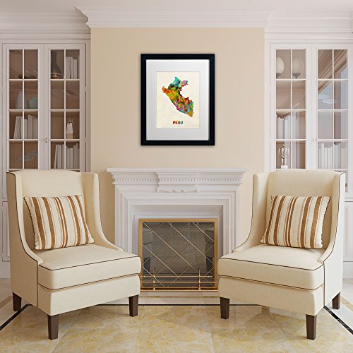 Peru Watercolor Map Art By Michael Tompsett In Black Frame, Acrylic Paper 16 By 20-Inch, White Matte #TOP3