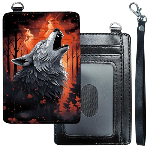 DHYYDSQZ Slim Minimalist Wallet for Men Women Small Credit Card Holder Wallet Front Pocket RFID Blocking PU Leather Wallets Travel Thin Card Case with ID Window Card Organizer & Wristlet, Wolf Howling