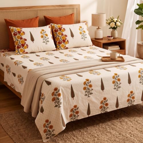 Image of Naksh Bedsheet for Double Bed King Size Floral Print 2 Pillow Covers | Marigold Botanical Bedsheet | Soft Breathable Floral Bedding Set, Ochre Orange | Royal Sajawat Collection |