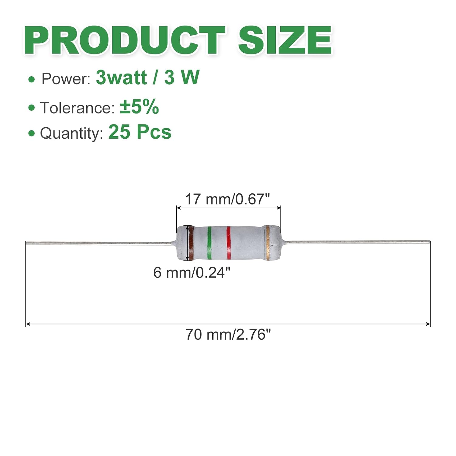 MECCANIXITY 25 Pcs 1.5K Ohm Resistor, 3 Watts 5% Tolerance Metal Oxide Film Resistor Axial Lead, Flame Proof for DIY Electronic Projects Circuits Experiments