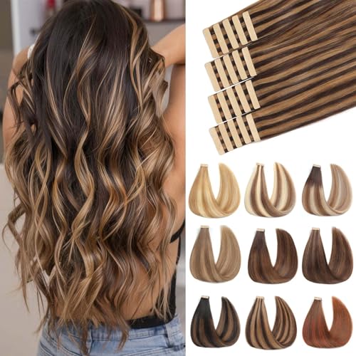ShowJarlly Extension Capelli Veri Biadesivo 20pcs 35cm Extension Biadesive Capelli Veri Marrone Scuro con Marrone Chiaro Invisibile Estensione Capelli Veri Tape in Human Hair 40g(14inch,P2/10#)