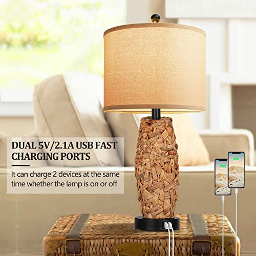 3-Color Temperature Set Of 2 Rustic Rattan Lamps For Living Room Bedroom With 2 Usb Charging Port Dimmable Antique Nightstand Table Lamps Farmhouse Office Retro Classic Bedside Lamps, Bulbs Included #TOP2
