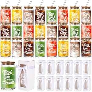 24 Sets Thank You Gifts Inspirational Employee Appreciation Gifts Include 24 Pcs 16 oz Glass Cups with Bamboo Lids Straws Brushes 24 Pcs Gift Boxes with Clear Window 24 Pcs Ribbons (Thank You)