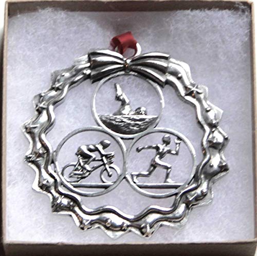 Dana Paige Designs Male Triathlon Ornament in Wreath - Handmade Triathlon Ornaments - Unique Holiday Triathlon Gift
