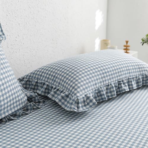 Image of mixinni Blue White Gingham Ruffle Duvet Cover Queen Size 3 Pieces - 100% Washed Cotton, Vintage Plaid Ruffled Bedding Set with Zipper Ties, Soft Checkered Grid Farmhouse Chic Comforter Cover Set