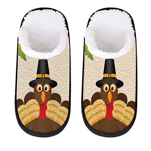 Thanksgiving Turkey Fall Leaves Travel Plush Slipper for Women Men, Turkey Oil Painting Warm Shoes Non-slip Cotton Plush Shoes Indoor Winter Slippers Soft Memory Foam Slipper with Faux Fur Lining