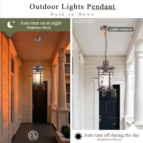Image of Large Outdoor Pendant Light Dusk to Dawn Hanging Porch Light Anti-Rust Aluminum Exterior Hanging Lighting Fixtures for Front Door Gazebo E26 Socket Oil Rubbed Bronze Finish