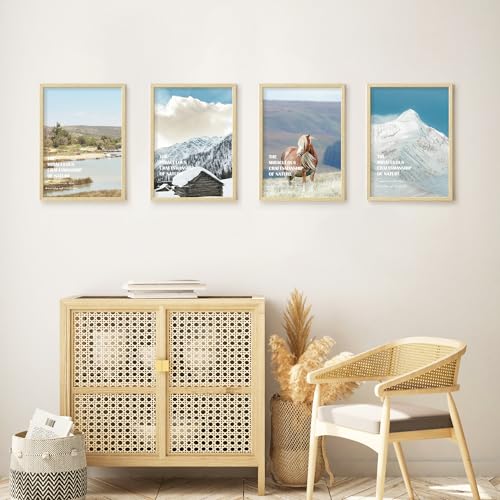 Image of 10x14 Picture Frame Set of 4, Natural Solid Wood Picture Frames, Display 10x14 Photos without Mat, Horizontal or Vertical Wall Mounting Poster Frame, Oak Wood Grain