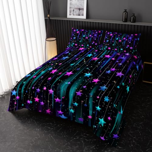 Image of Nttopship Colorful Stars Comforter Set Twin Size,Galaxy Starry Printed Bedding Set for Men Women Adults,Colorful Stars Room Decor with Soft and Lightweight Comforter and 2 Pillowcases