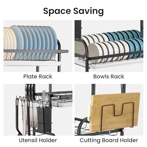 Dish Rack 3-Tier Dish Drainer Rack with Drainboard Large Over Sink Drying Rack Kitchen with Cutlery & Cutting Board Holder Space-Saving Kitchen Draining Board with Drip Tray - Image 5