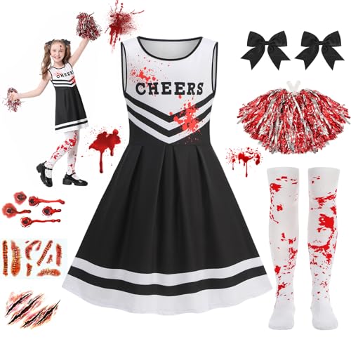 Halloween Kostüm Kinder, Zombie Cheerleader Kostüm, Monster High Faschingskostüme mit Strümpfen Pom Poms Tattoos, 9 PCS Halloween Cheerleader Horror Braut Kostüm für 10-12 Jahre Teenager Mädchen