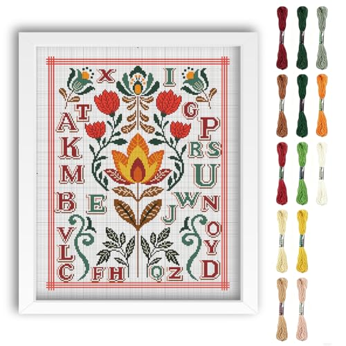 Image of FREEBLOSS 11CT Cross Stitch Kit Stamped Cross Stitch Craft Kit with Stitching Guide for Beginners Glass Retro Folk Pattern Embroidery Set Crossstitch Wall Hanging Set 13.7x19.7inch