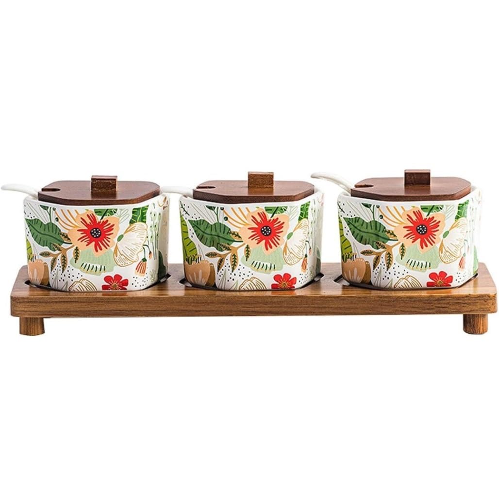 Pots à Épices Assaisonnement Box Set Ensemble De Pots À Condiments En Céramique Avec Couvercle De Cuillère, Plateau De Pots À Épices, Ensemble De Récipients Pour Le Sucre Et Le Sel Pots à Sel Set Pots