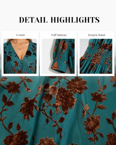 Image of Pinup Fashion Velvet Wedding Guest Dress - Fall Formal Holiday V Neck Empire Waist Long Dresses