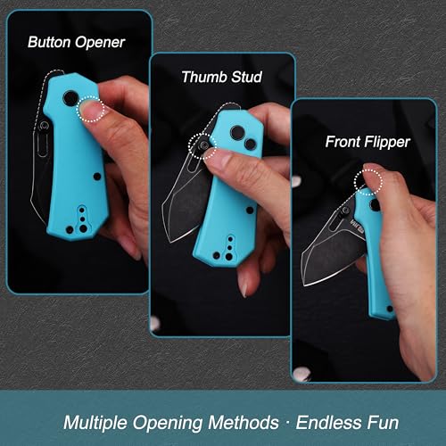 Image of JIN Rhino Pocket Knife, Button Lock Folding EDC Knife Kit, 2 inch 9Cr18MoV Steel Blade, Stonewash Finish, Blue G10 Handle, Lightweight Knives Gift for Men Women