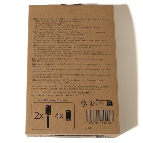 Waldana Fusselrolle - 6 Rollen je 90 Blatt (540 Blätter) mit 2 Bambusgriff Abrollern I Fusselrolle Tierhaare Kleidung Flusenroller Lint Roller Kleiderroller Tierhaar Katzenhaar Hundehaar