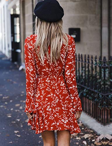 Relipop vestido feminino floral estampado gola V flare manga comprida babados bainha vestidos com co