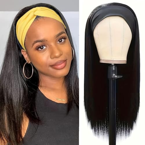 Image of Headband Wig Human Hair Straight Glueless None Lace Front Wig Machine Made Human Hair Wigs Brazilian Virgin Straight Hair Headband Half Wigs for Black Women Natural Color 16 Inch
