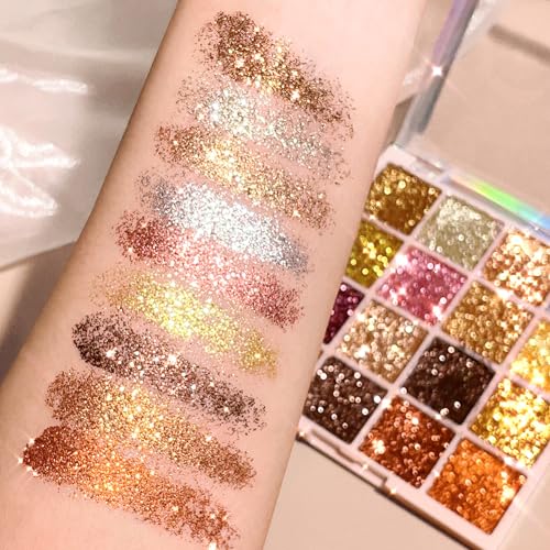 CHARMFORYOU 16 Colors Sequins Eyeshadow,Body Powder Pressed Gold Brown Eyeshadow makeup plate For Women Girls Halloween Festivals Cosplay (01)