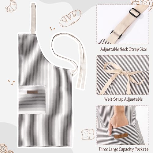 Livdouyu 2 Stück Schürze Kochschürze Damen Verstellbare Küchenschürze mit Taschen Männer Kittelschürze Baumwolle Schwarz Grau Schürze zum Kochen, Malen, Backen, Hausarbeiten