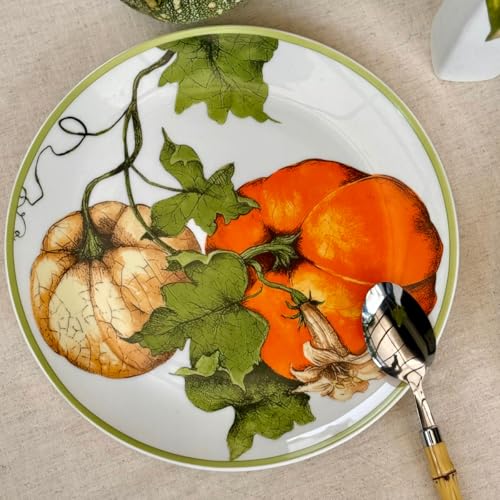 Image of GOLDEN QUEEN'S Handcrafted Dinner Plates: Set of 2 | Perfect for Hosting and Daily Meals | Microwave Safe Plates | 11 inch | Serves 2 - Autumn Harvest with Pumpkin & Leaf