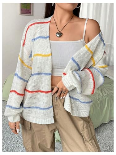 Image of Verdusa Women's Plus Size Striped Long Sleeve Open Front Loose Knitted Cardigan Sweater Beige Multi 1XL