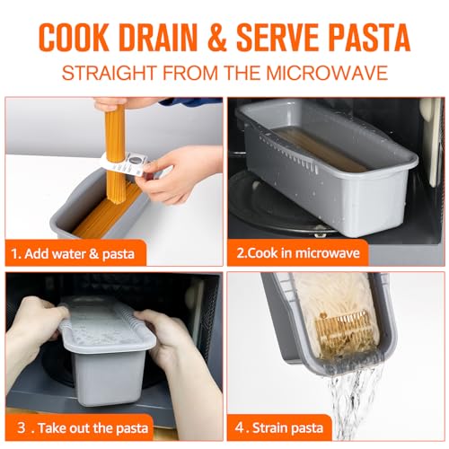 Image of Microwave Pasta Cooker with Strainer Lid- Quickly Spaghetti Cooker- No Sticking or Waiting For Boil- Perfect Make Pasta Every Time- For Dorm, Kitchen or Office, 2 Pack Grey Black