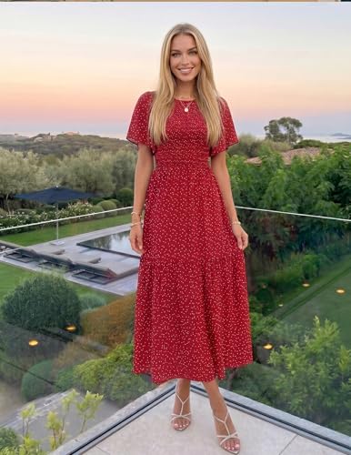 Image of ZESICA Women's 2026 Summer Boho Floral Maxi Dresses Casual Short Flutter Sleeve Smocked Tiered Flowy Dress