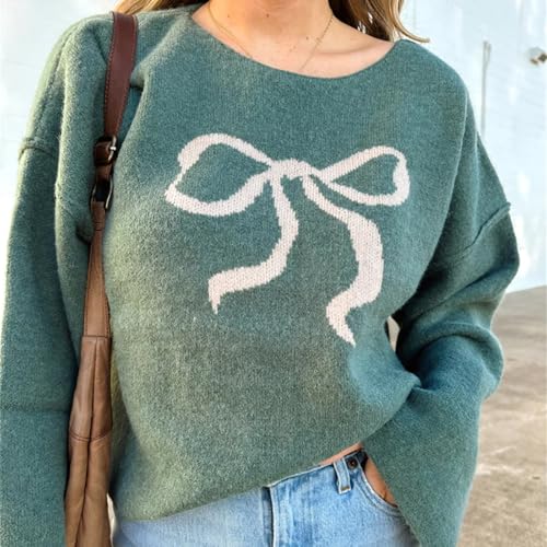 Image of Women Cute Bow Knit Sweater Y2k Long Sleeve Crew Neck Knitted Pullover Top Oversized Going Out Fall Winter Knitwear