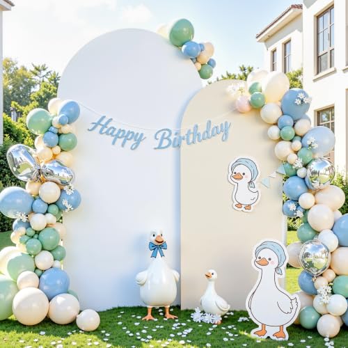 Image of Beige White Arch Backdrop Cover Set of 2 Spandex 7.2 and 6ft Arch Covers Stretchy Backdrop Boho Wedding Balloon Arch Stand Covers for Birthday Party Baby Bridal Shower Banquet Photo Arches Background