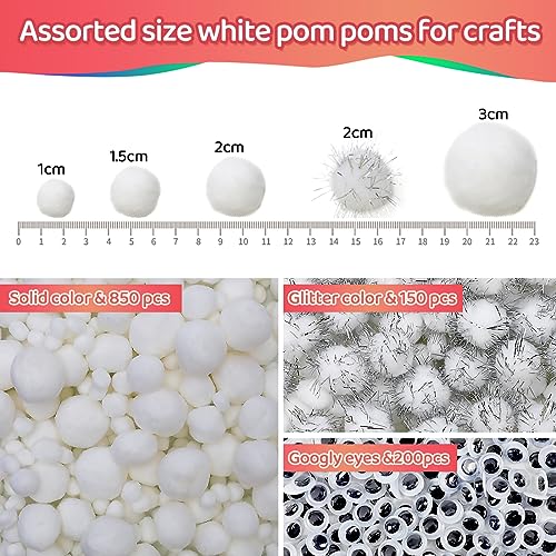 Image of Iooleem White Assorted Size Pom Poms - 1200pcs - Glitter & Wiggle Eyes - Arts & Crafts Supplies