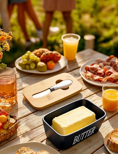 Foto von AISBUGUR Große Butterdose für 250g Butter - Butterdose mit Messer Keramik Butterdosen Double-Layer-Silikon-Dichtung Butterbox mit Deckel - Gute Küche Geschenk (Schwarz)