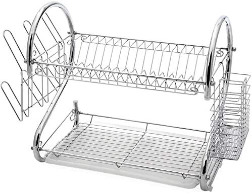 PKGE Chrome 2 Tier Stainless Steel Dish Drainer, 18 inch Rack Holder, Storage Rack with Drip Tray for Plates Mug Cup Glass Cutlery and Kitchen Accessories Over The Sink