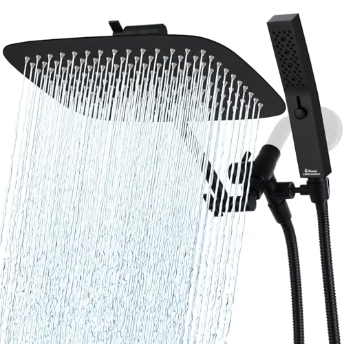 G-Promise All Metal 12 Inch Dual Square Shower Head with Handheld Spray Combo, Rain Shower Head, Adjustable Extension Arm, 3-Way Diverter, 71 Inch Extra Long Hose - A Bathroom Upgrade (Matte Black)